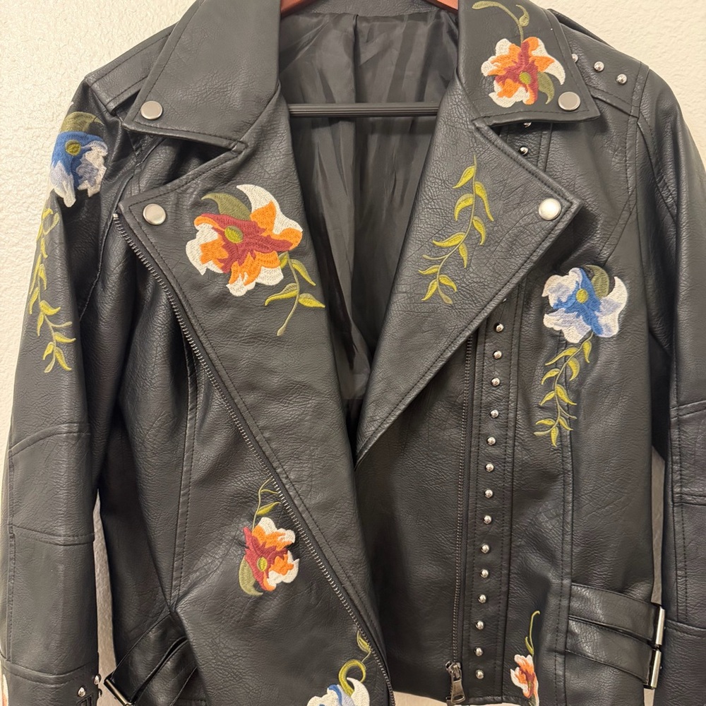 Embroidered Black Leather Jacket
